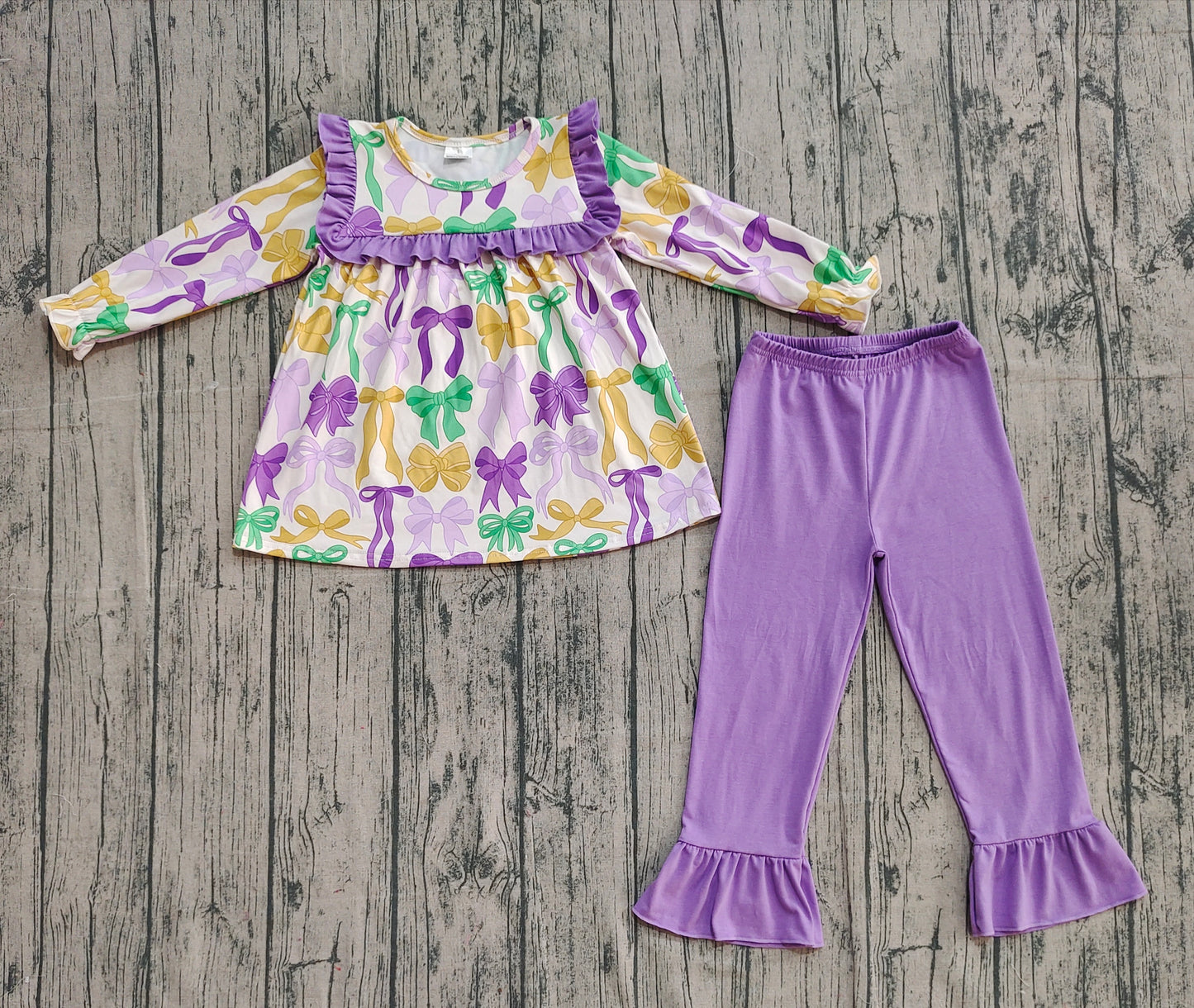GLP2822  Baby Girls Mardi Gras Bows Tunic Ruffle Pants Clothes Sets  D 909