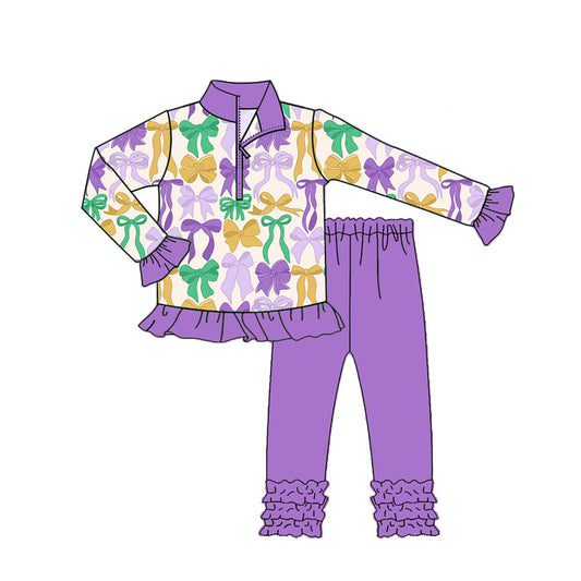 presale GLP2823 Baby Girls Mardi Gras Bows Zipper Pullover Ruffle Legging Clothes Sets D 909