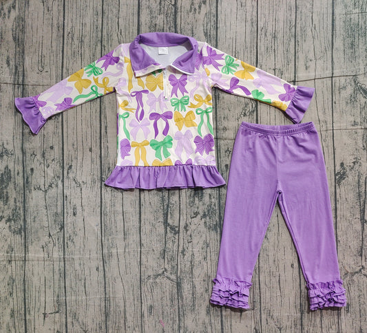 presale GLP2823  Baby Girls Mardi Gras Bows Zipper Pullover Ruffle Legging Clothes Sets D 1127