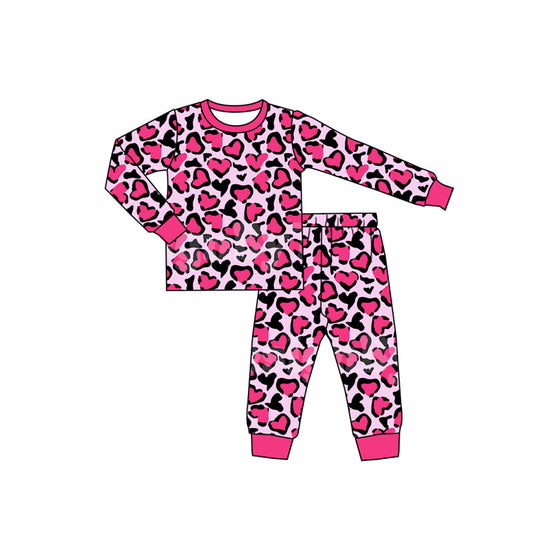presale GLP2825 Baby Girls Hot Pink Black Hearts Leopard Valentine Pajamas Sets D 909