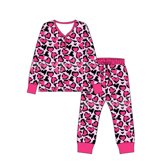 presale GLP2826 Adult Women Hot Pink Black Hearts Leopard Valentine Pajamas Sets D 909