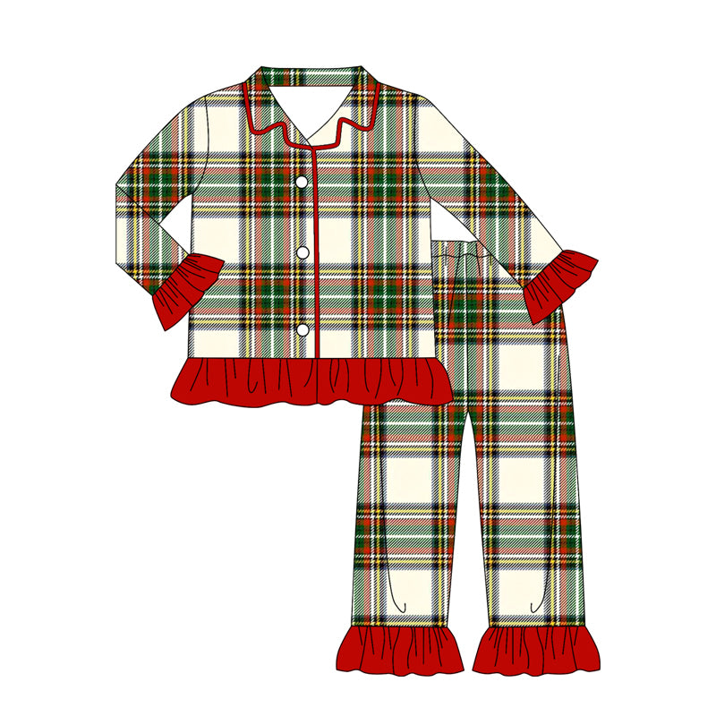 GLP2827 Adult Women Green Red Checked Button Top Ruffle Pant Christmas Pajamas Sets  D 1205