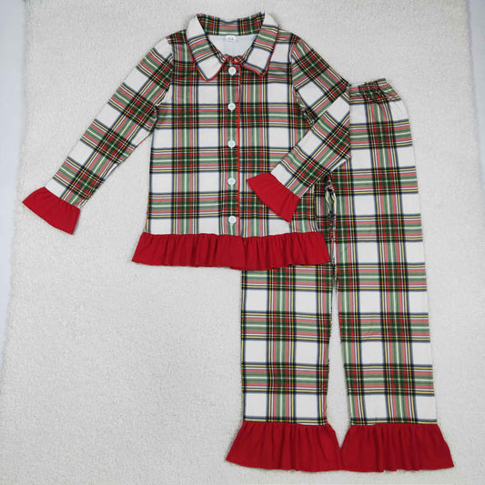 GLP2827 Adult Women Green Red Checked Button Top Ruffle Pant Christmas Pajamas Sets  D 1205