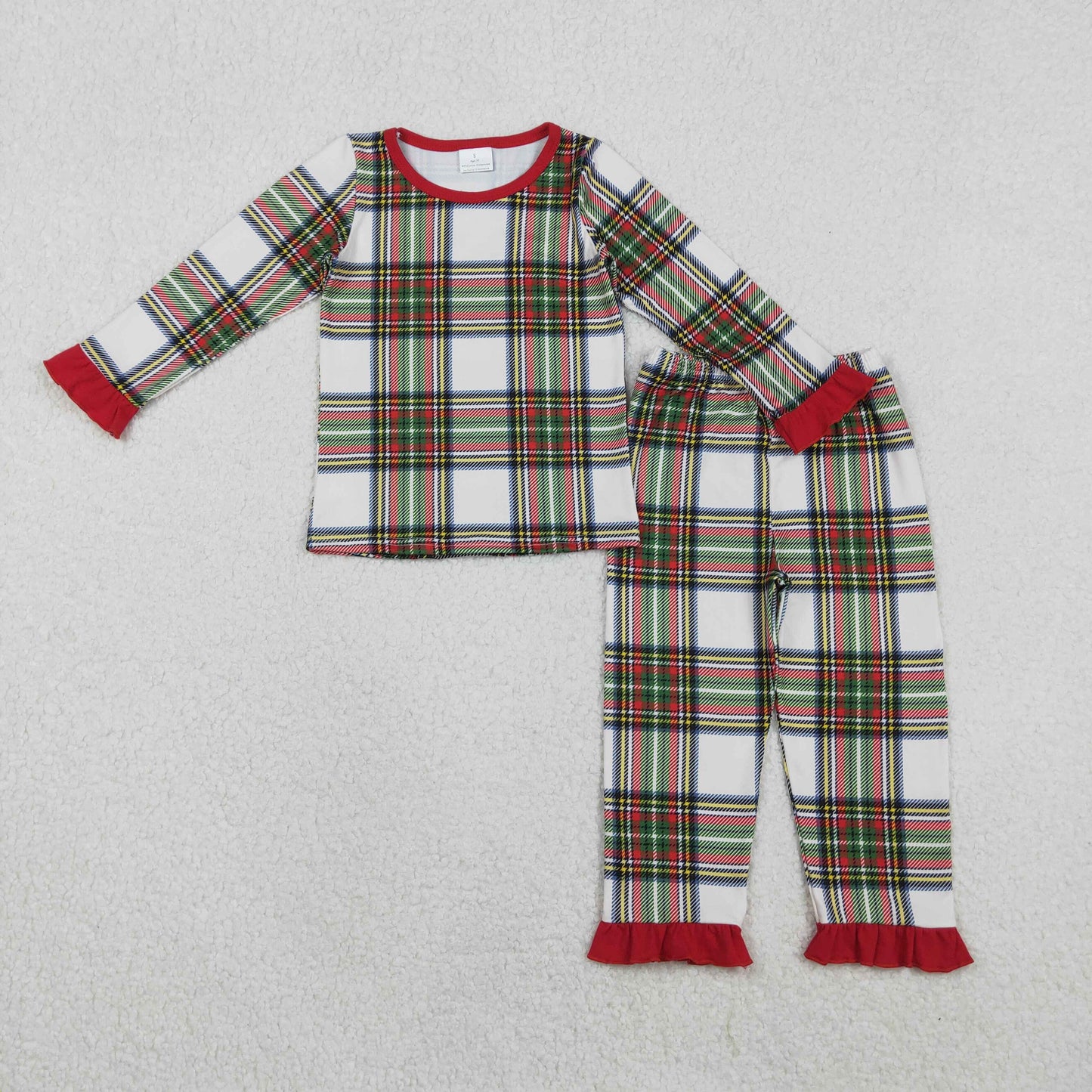GLP2829 Baby Girls Green Red Checked Top Ruffle Pants Christmas Pajamas Sets