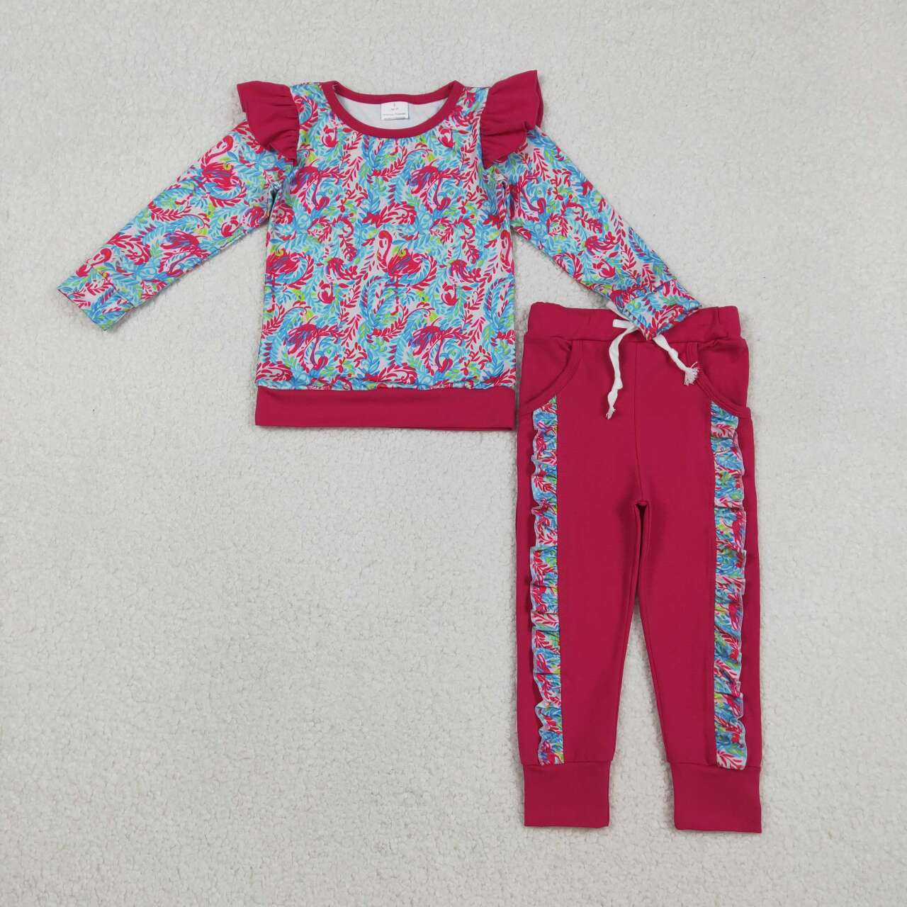GLP2831 Baby Girls Pink Watercolor Floral Shirts Top Pockets Jogger Pants Clothes Sets  D 1127