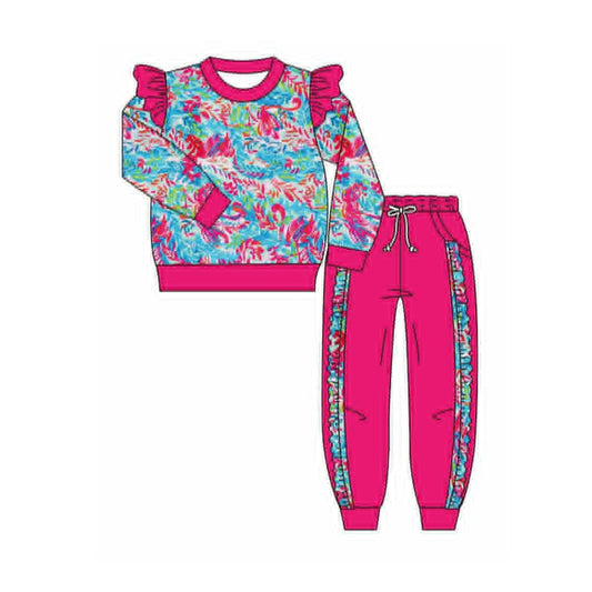 presale GLP2831 Baby Girls Pink Watercolor Floral Shirts Top Pockets Jogger Pants Clothes Sets D 910