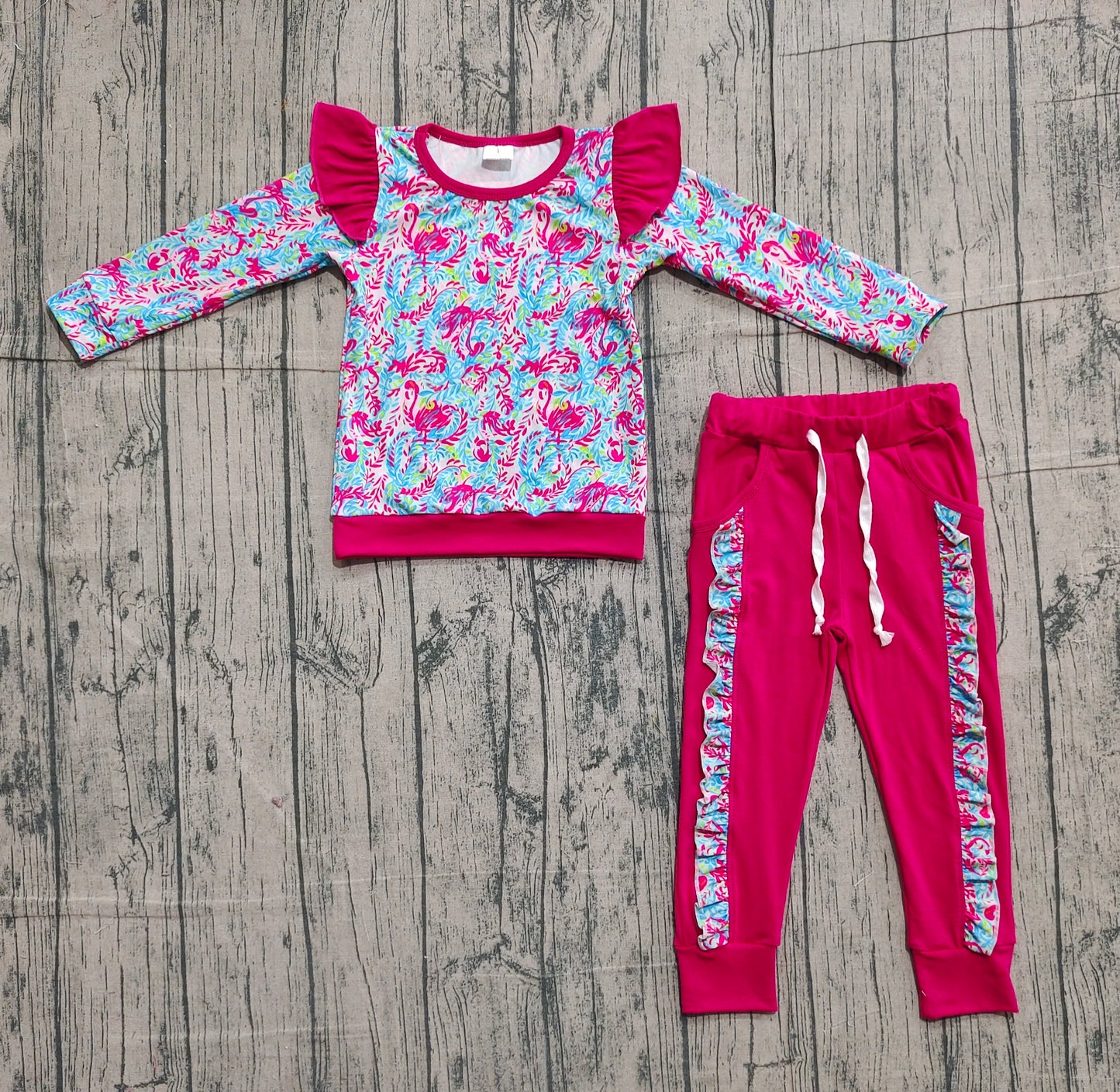 GLP2831 Baby Girls Pink Watercolor Floral Shirts Top Pockets Jogger Pants Clothes Sets  D 1127