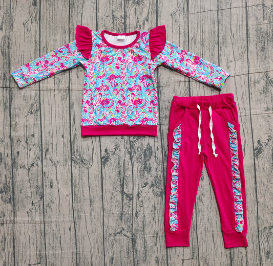 presale GLP2831 Baby Girls Pink Watercolor Floral Shirts Top Pockets Jogger Pants Clothes Sets  D 1127