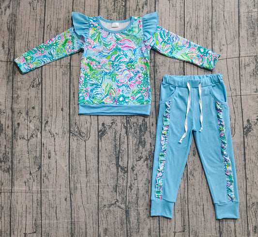 presale GLP2832 Baby Girls Blue Watercolor Floral Shirts Top Pockets Jogger Pants Clothes Sets D 1127