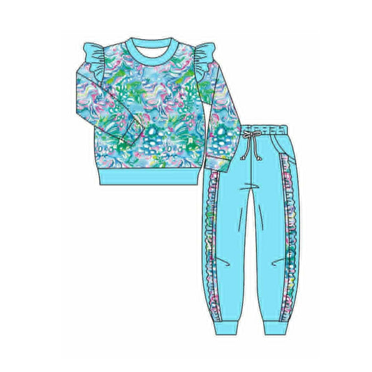 presale GLP2832 Baby Girls Blue Watercolor Floral Shirts Top Pockets Jogger Pants Clothes Sets  D 910
