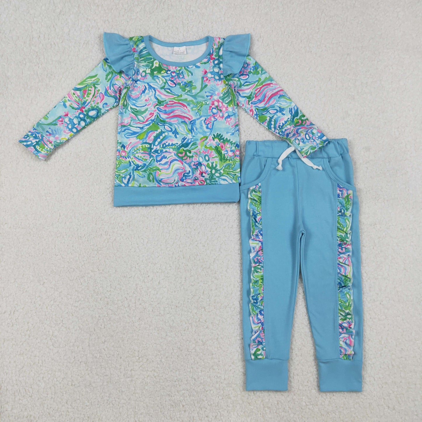 Sibling Watercolor Floral Top with Pockets And Ruffle Jogger Pants Clothing Set for Baby Girls Cute Outfit Set
