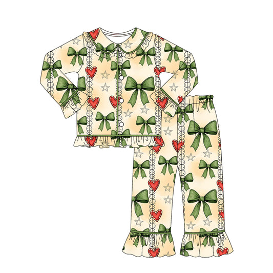 presale GLP2833 baby Girls Green Red Hearts Bows Button Top Pants Christmas Pajamas Sets D 910