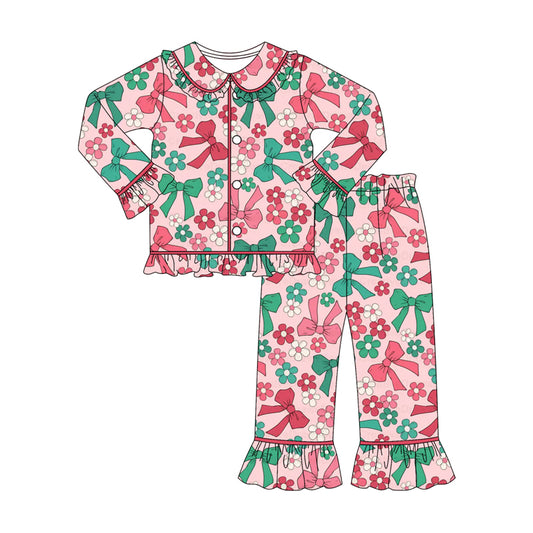 presale GLP2834 Baby Girls Green Red Flowers Bows Button Top Pants Christmas Pajamas Sets D 910