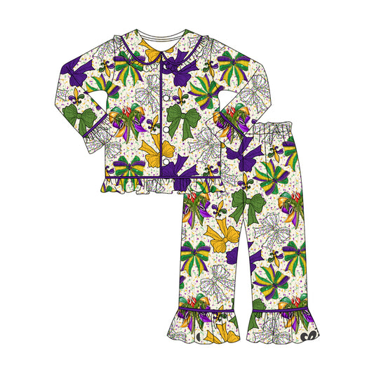 presale GLP2835 Baby Girls Mardi Gras Anchors Bows Button Top Pants Christmas Pajamas Sets D 910