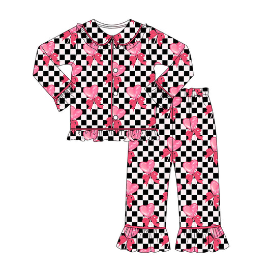 presale GLP2836 Baby Girls Black Checked Pink Hearts Bows Button Top Pants Valentine Pajamas Sets D 910