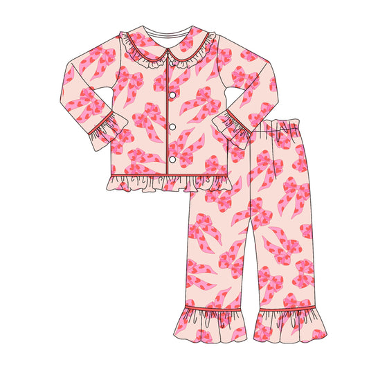 presale GLP2837  Baby Girls Pink Heart Bows Button Top Pants Valentine Pajamas Sets  D 910