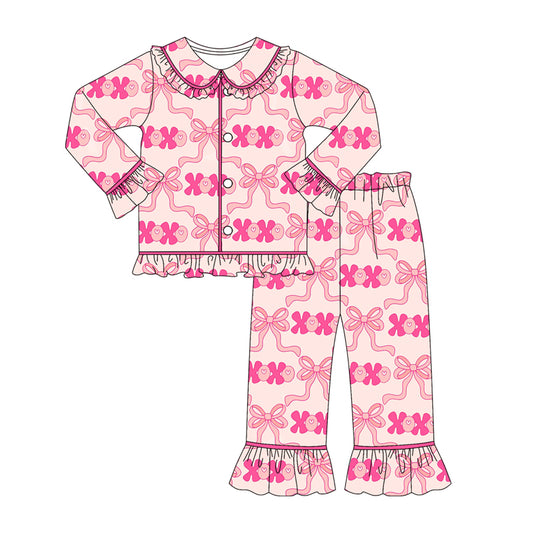 presale GLP2838 Baby Girls Pink Bows XOXO Checked Button Top Pants Valentine Pajamas Sets  D 910
