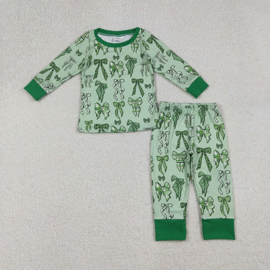 GLP2840 Baby Girls Green Clovers Bows Top Pants St Patrick Pajamas Sets   D 911