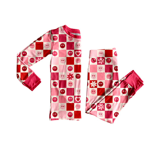 presale GLP2842 Baby Girls Red Hearts Smiles Checked Top Pants Valentine Pajamas Sets D 911