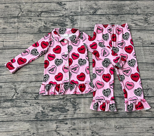 presale GLP2843  Baby Girls Pink Checked Hearts Button Top Pants Valentine Pajamas Sets  D 911