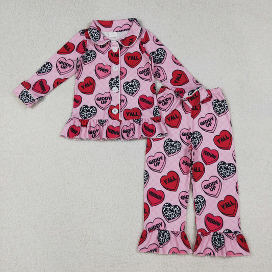 GLP2843 Baby Girls Pink Checked Hearts Button Top Pants Valentine Pajamas Sets D 911