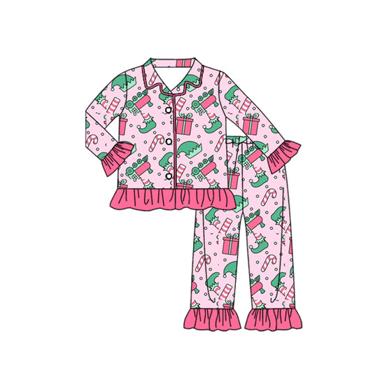 presale GLP2844 Baby Girls Hats Gifts Button Top Pants Christmas Ruffle Pajamas Sets D 913