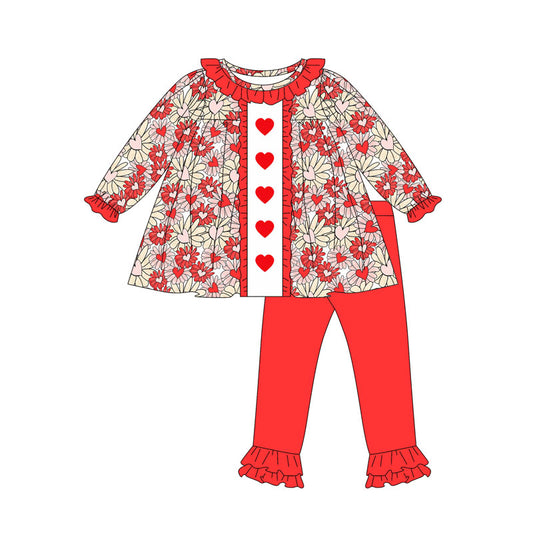 presale GLP2847 Baby Girls Red Hearts Flowers Tunic Ruffle Legging Pants Valentine Clothes Sets    D 913