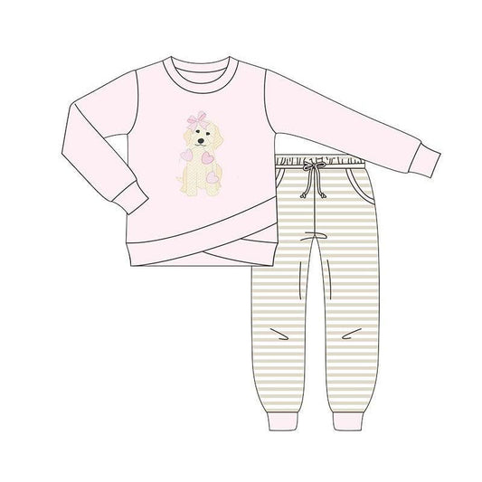 presale GLP2850  Baby Girls Hearts Dogs Top Pockets Stripes Pants Valentine Clothes Sets  D 913