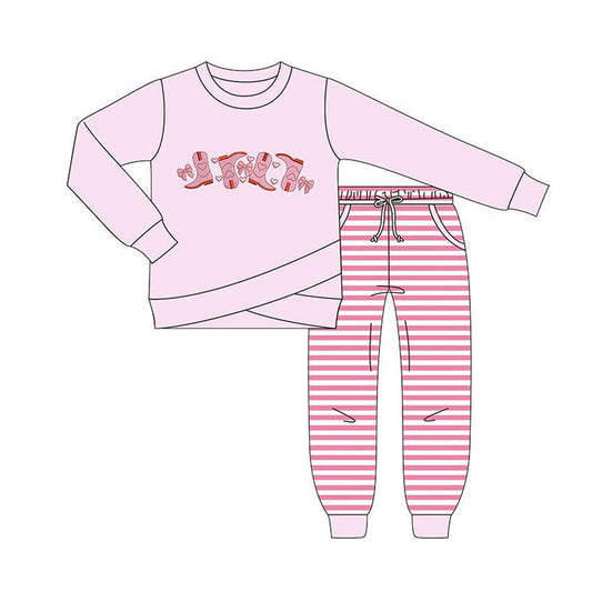 presale GLP2851  Baby Girls Hearts Boots Top Pockets Stripes Pants Valentine Clothes Sets  D 913