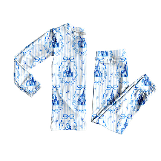 presale GLP2852 Baby Girls Blue Stripe Bows Castles Top Pants Pajamas Sets  D 913