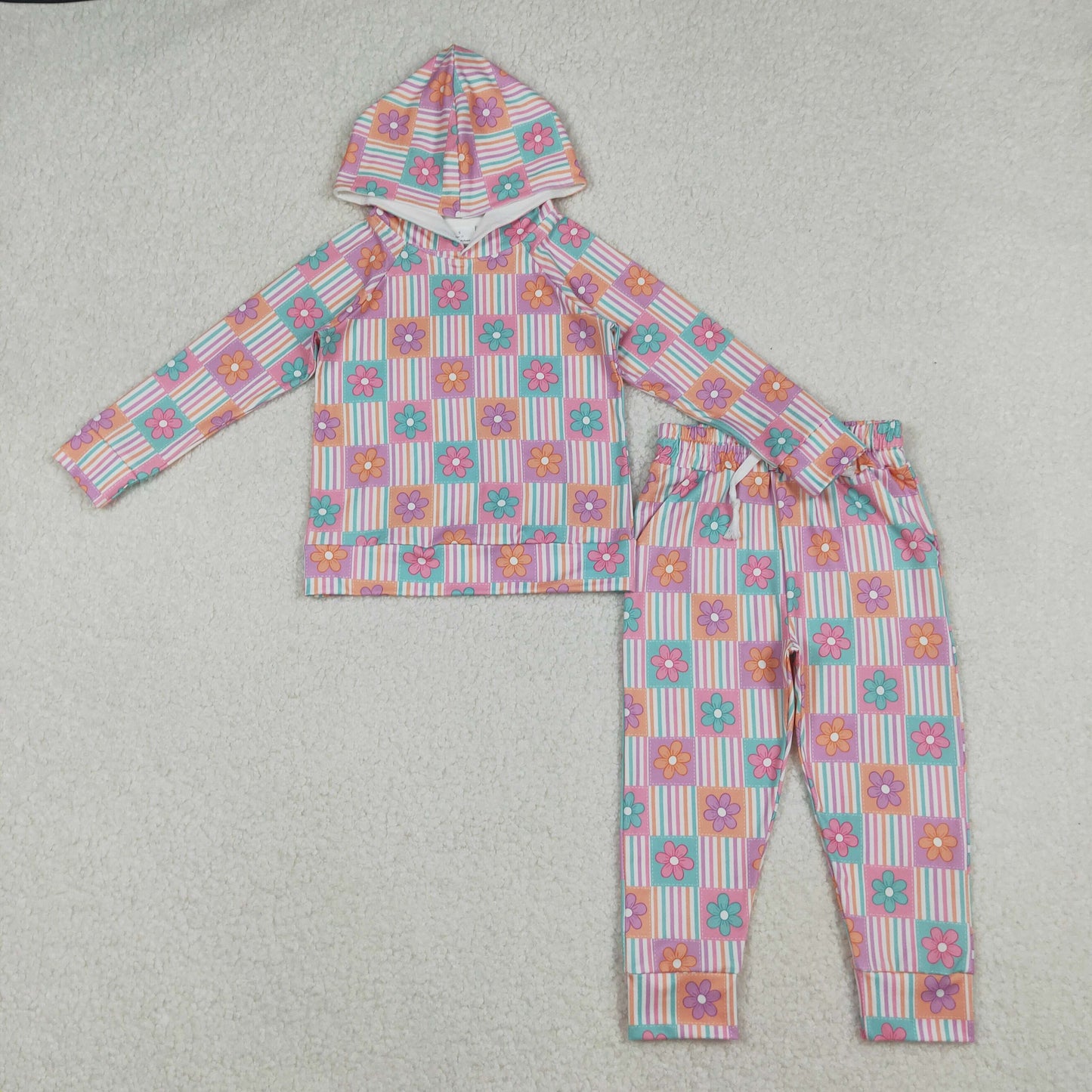 GLP2853 Baby Girls Flowers Checked Hoodies Pockets Pants Clothes Sets  D 913