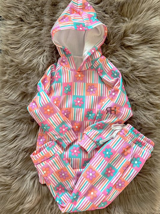 presale GLP2853 Baby Girls Flowers Checked Hoodies Pockets Pants Clothes Sets  D 913