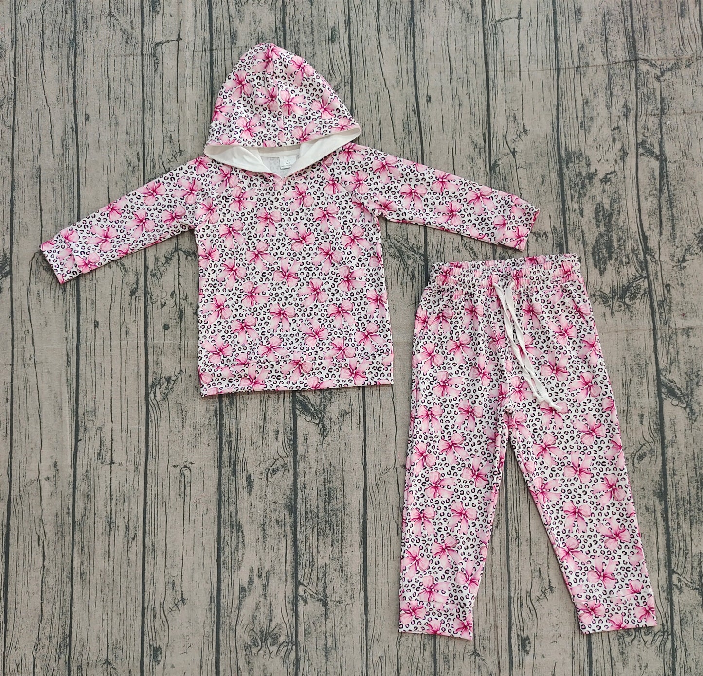 GLP2854 Baby Girls Pink Bows Leopard Hoodies Pockets Pants Clothes Sets  D 1028