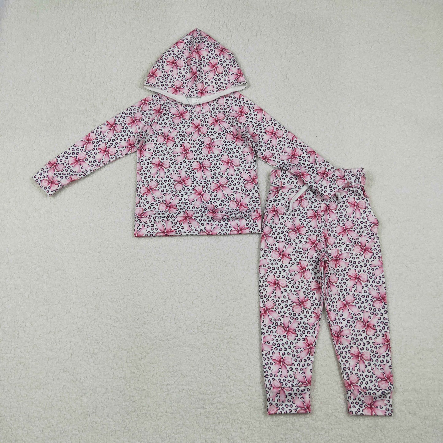 GLP2854 Baby Girls Pink Bows Leopard Hoodies Pockets Pants Clothes Sets  D 1028