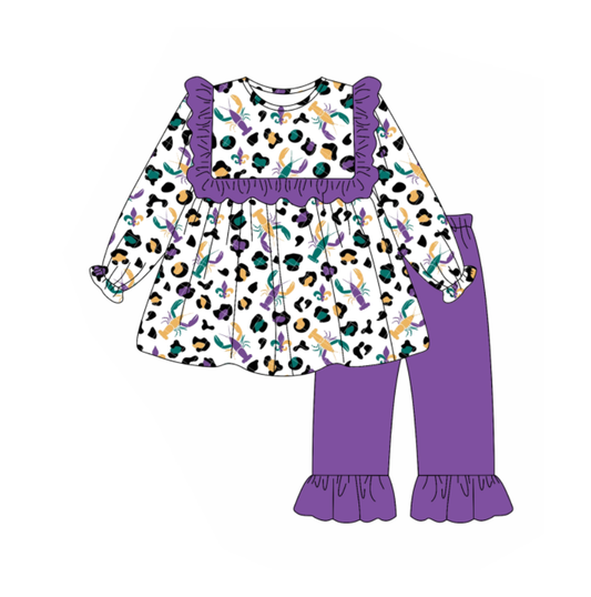 presale GLP2855 Baby Girls Mardi Gras Leopard Crayfishes Tunic Ruffle Pants Clothes Sets D 913