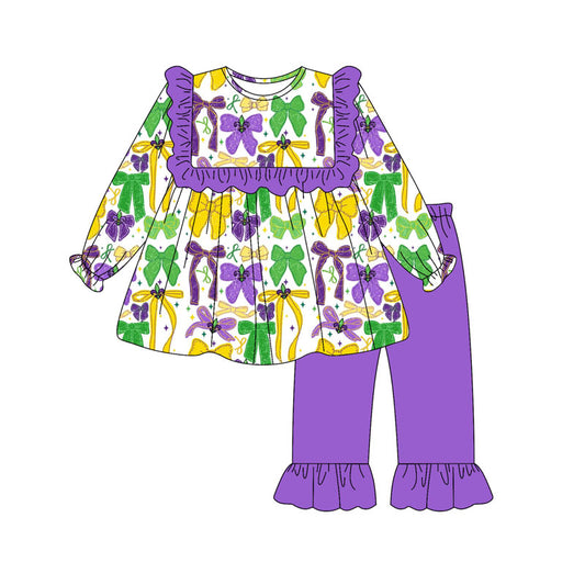 presale GLP2856 Baby Girls Green Yellow Purple Bows Tunic Ruffle Pants Mardi Gras Clothes Sets D 912