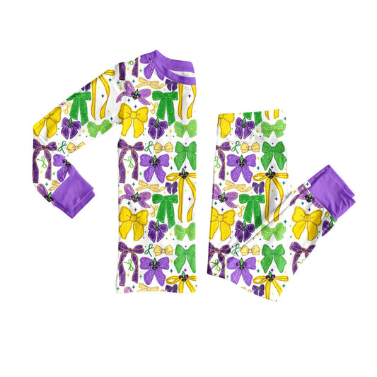 presale GLP2857 Baby Girls Green Yellow Purple Bows Top Pants Mardi Gras Pajamas Sets  D 912