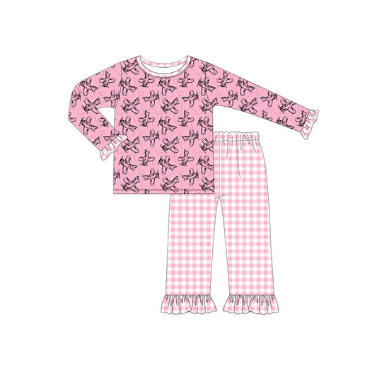 presale  GLP2858  Baby Girls Log Sleeve Pink Planes Top Checked Pants Clothes Sets   D 912