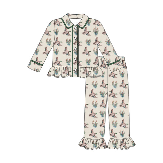 presale GLP2859 Baby Girls Log Sleeve Ducks Button Top Ruffle Pants Hunting Pajamas Sets  D 912