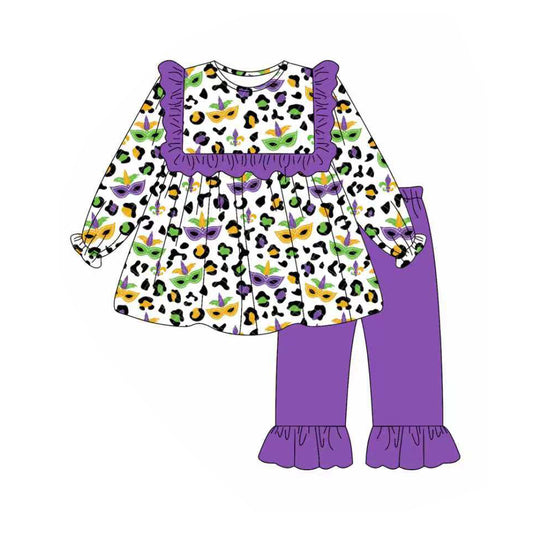 presale GLP2869  Baby Girls Purple Green Yellow Leopard Masks Tunic Mardigras Clothes Sets  D 913