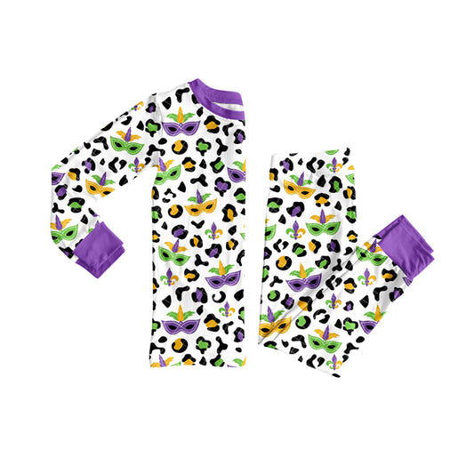presale GLP2870 Baby Girls Purple Green Yellow Leopard Masks Top Mardigras Pajamas Sets D 913
