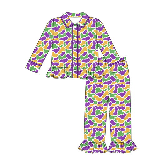 presale GLP2871  Baby Girls Green Yellow Purple Camo Button Top Pants Mardigras Pajamas Sets  D 913