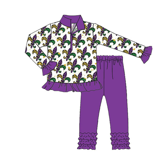 presale GLP2873 Baby Girls Mardigras Anchors Zipper Pullovers Ruffle Leggings Clothes Sets D 915