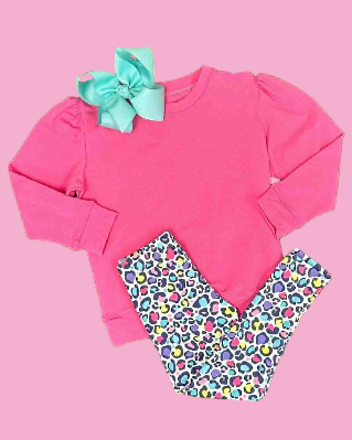 presale GLP2875 Baby Girls Hot Pink Shirts Top Leopard Leggings Clothes Sets D 915