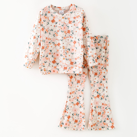 presale GLP2876  Baby Girls Orange Floral Top Bell Bottom Pants Clothes Sets  D 915
