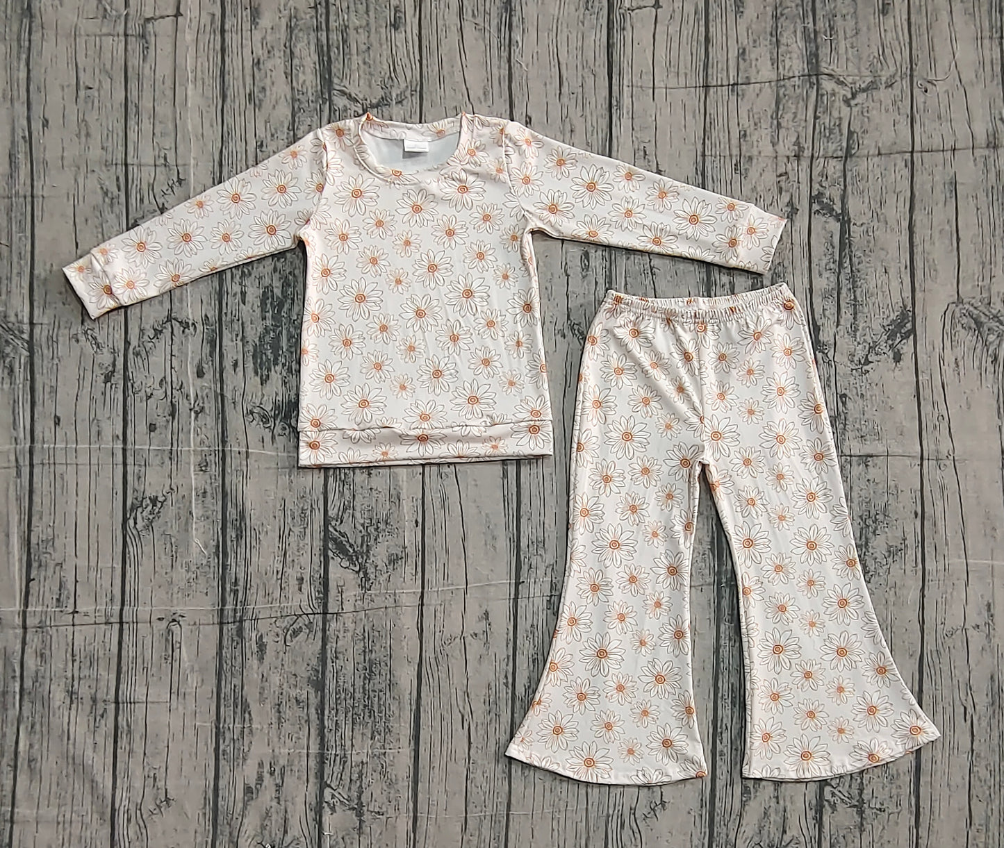 GLP2877  Baby Girls Pink Flowers Top Bell Bottom Pants Clothes Sets  D 1103
