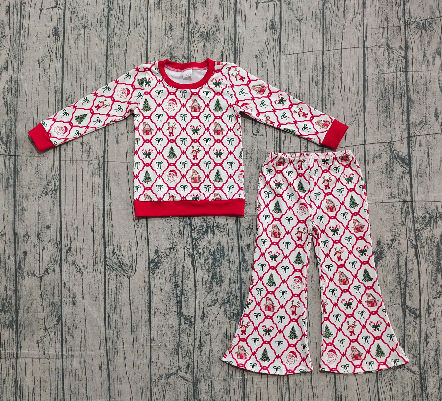 presale GLP2878  Baby Girls Red Bows Santa Top Bell Bottom Pants Christmas Clothes Sets  D 1105