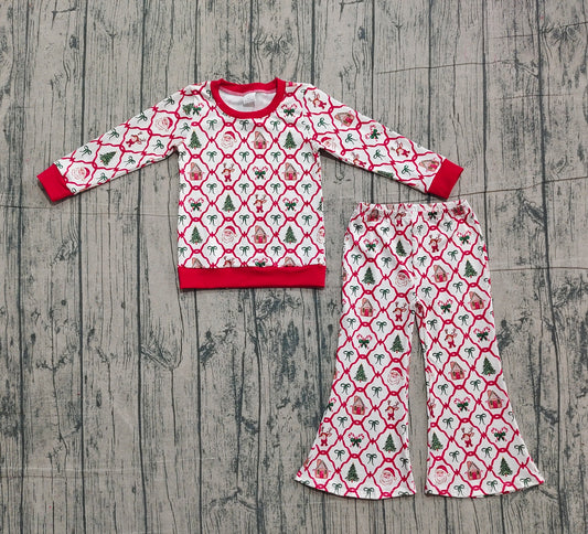 presale GLP2878  Baby Girls Red Bows Santa Top Bell Bottom Pants Christmas Clothes Sets  D 1105