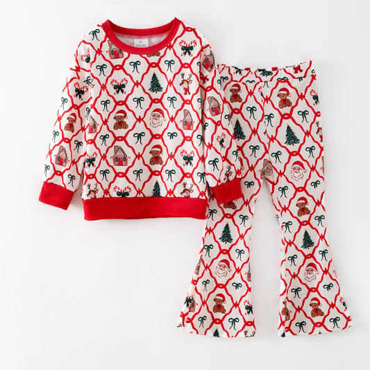 presale GLP2878  Baby Girls Red Bows Santa Top Bell Bottom Pants Christmas Clothes Sets  D 915