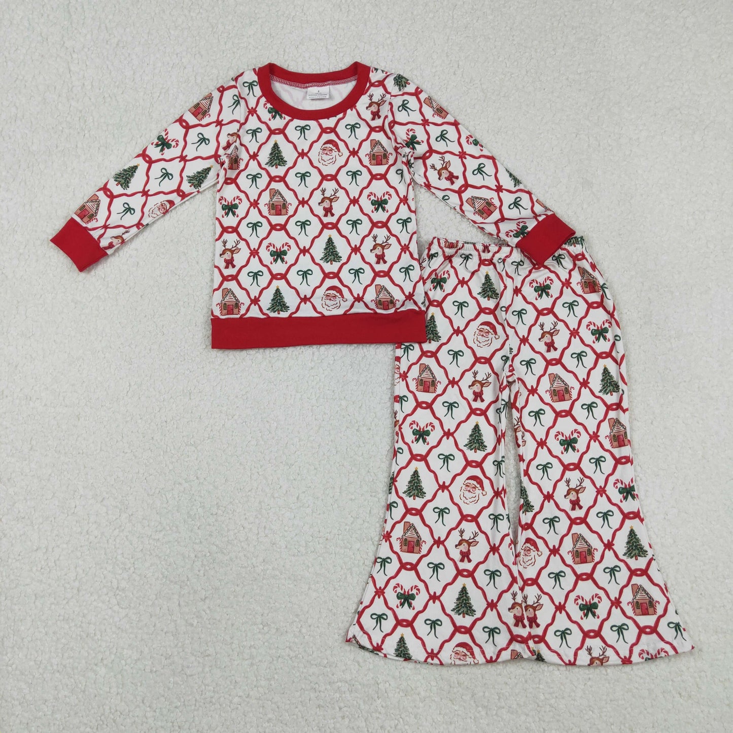 GLP2878  Baby Girls Red Bows Santa Top Bell Bottom Pants Christmas Clothes Sets